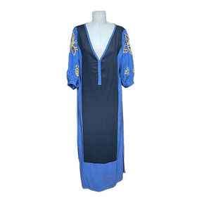 Bilo Brazil Blue Linen Crochet Puff Sleeve Long Midi Maxi Dress Size XS‎